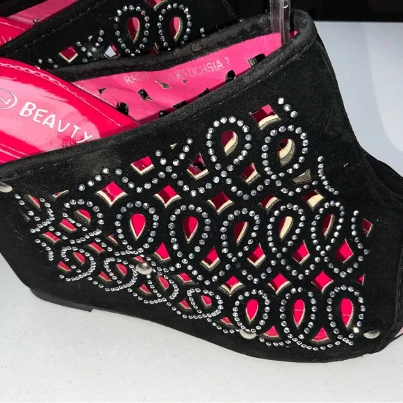 Beauty heels rhinestone vtg wedges faux suede bright pink patent leather sz 7 - Picture 5 of 5